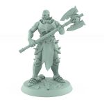 bareheaded armored warrior gripping skull axe standing on textured base