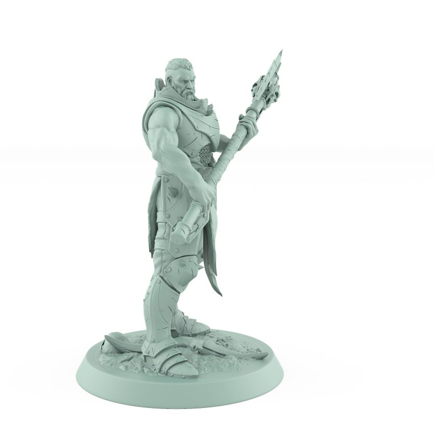 bareheaded armored warrior gripping skull axe standing on textured base