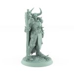armored warrior with horned helm holding skull axe in intimidating pose on skull-strewn base