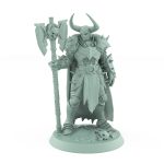 armored warrior with horned helm holding skull axe in intimidating pose on skull-strewn base