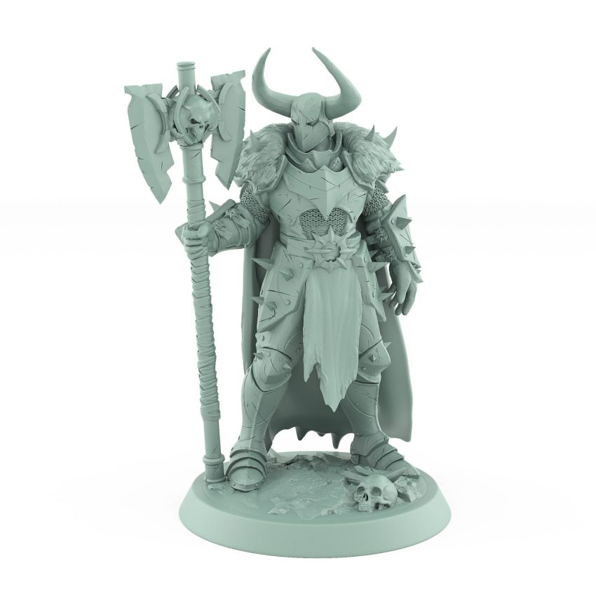 armored warrior with horned helm holding skull axe in intimidating pose on skull-strewn base