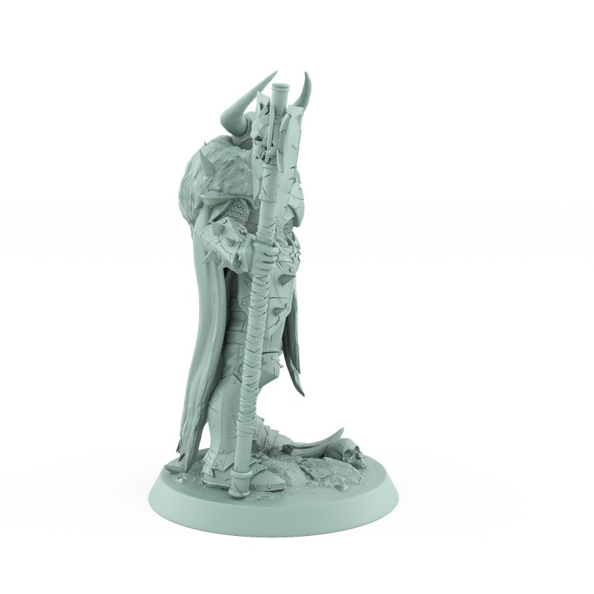armored warrior with horned helm holding skull axe in intimidating pose on skull-strewn base