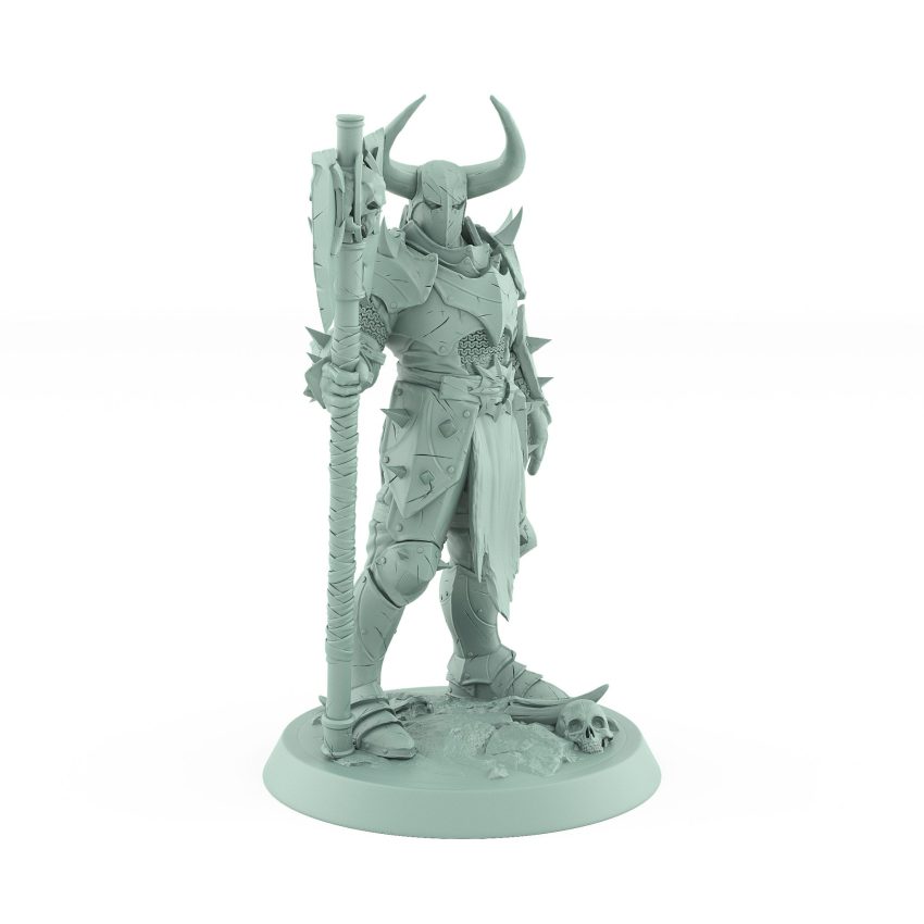 fantasy warrior with spiked armor horned helm and giant skull axe on skull-decorated base