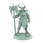fantasy warrior with spiked armor horned helm and giant skull axe on skull-decorated base