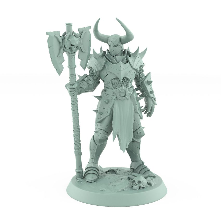 fantasy warrior with spiked armor horned helm and giant skull axe on skull-decorated base