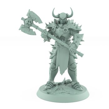 warrior miniature in horned helm and spiked armor gripping massive skull axe on rugged base