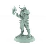 warrior miniature in horned helm and spiked armor gripping massive skull axe on rugged base