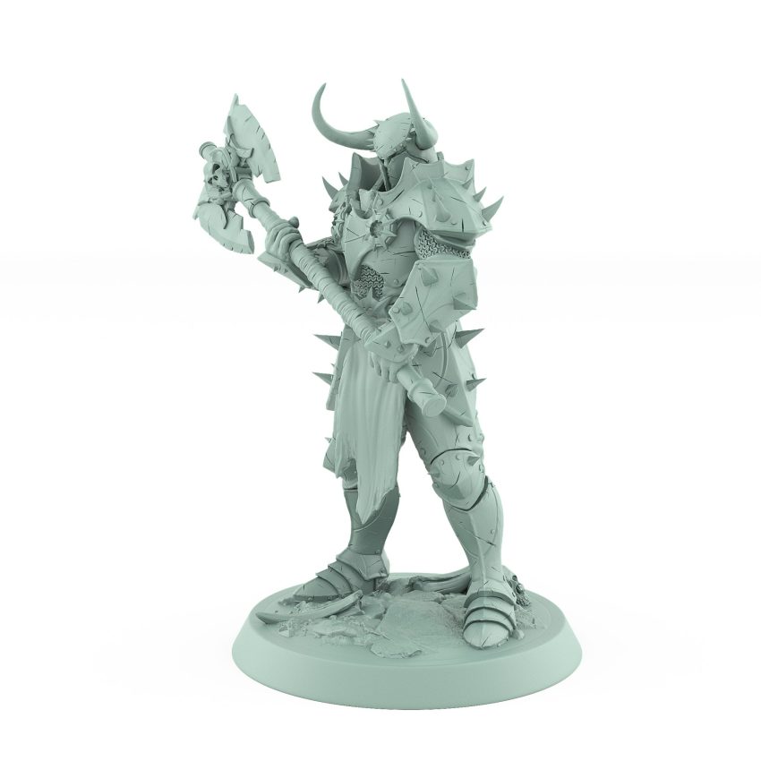 warrior miniature in horned helm and spiked armor gripping massive skull axe on rugged base