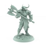warrior miniature in horned helm and spiked armor gripping massive skull axe on rugged base