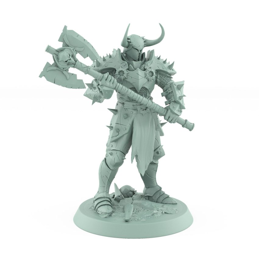 warrior miniature in horned helm and spiked armor gripping massive skull axe on rugged base