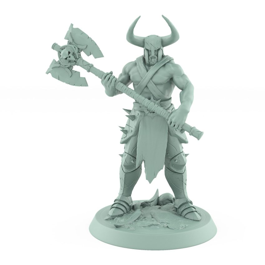 bare-chested ranger miniature with horned helm and massive skull axe on rocky base