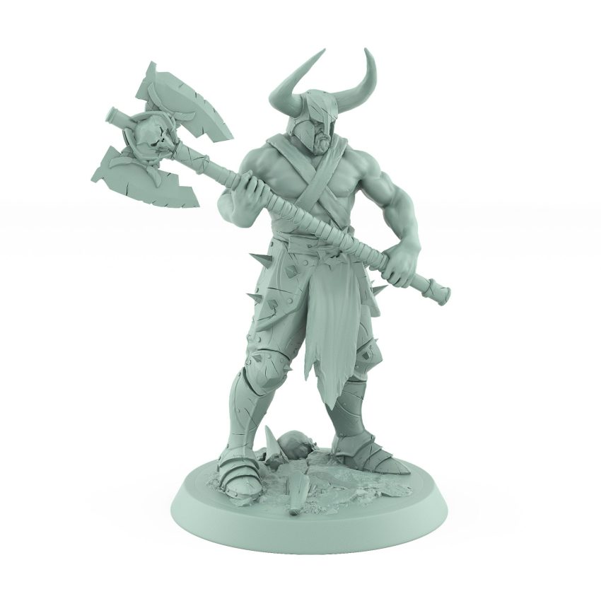 bare-chested ranger miniature with horned helm and massive skull axe on rocky base