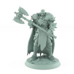 armored warrior with spiked armor fur cloak and massive axe standing confidently on rocky base