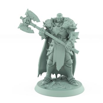 armored warrior with spiked armor fur cloak and massive axe standing confidently on rocky base