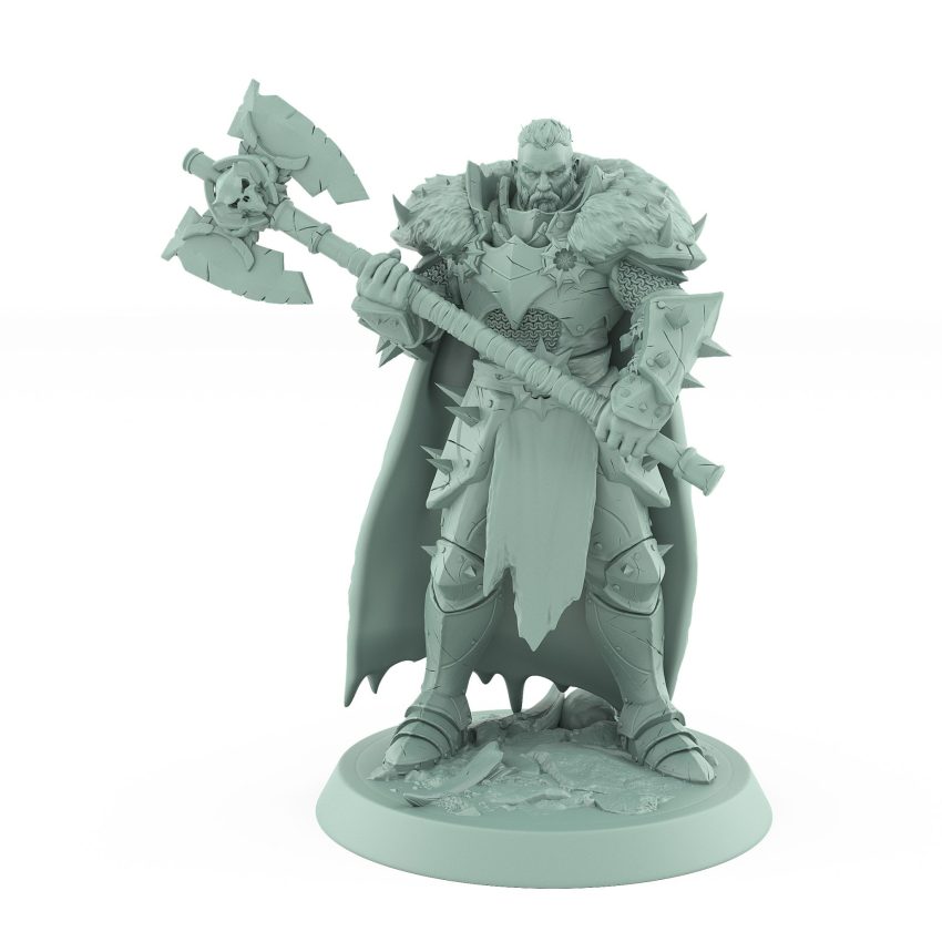 armored warrior with spiked armor fur cloak and massive axe standing confidently on rocky base