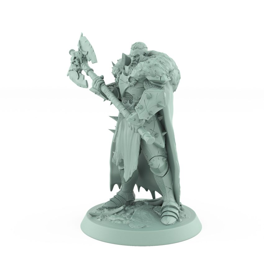 armored warrior with spiked armor fur cloak and massive axe standing confidently on rocky base