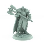 armored warrior with spiked armor fur cloak and massive axe standing confidently on rocky base