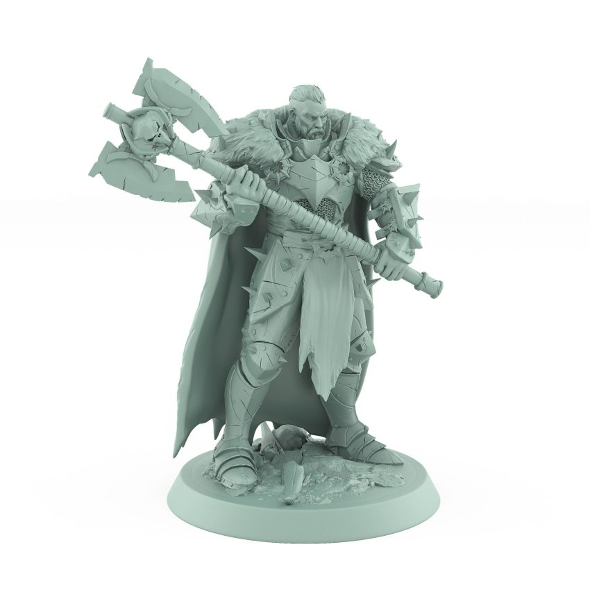 armored warrior with spiked armor fur cloak and massive axe standing confidently on rocky base