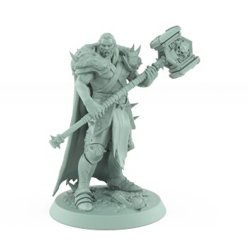 ranger warrior wielding large skull hammer in fur cloak and armor with powerful stance