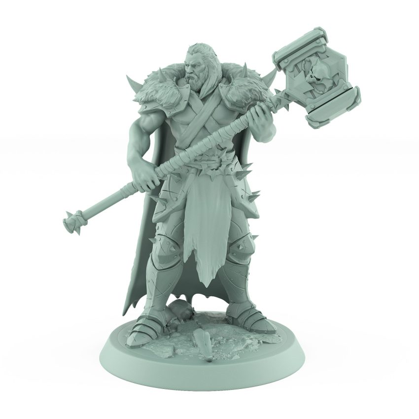 ranger warrior wielding large skull hammer in fur cloak and armor with powerful stance