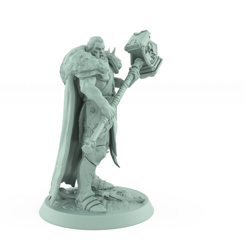 ranger warrior wielding large skull hammer in fur cloak and armor with powerful stance