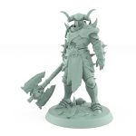 armored fantasy warrior with horned helmet and massive skull axe in raider stance