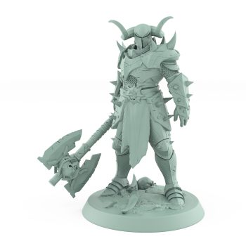 armored fantasy warrior with horned helmet and massive skull axe in raider stance