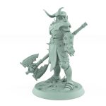 armored fantasy warrior with horned helmet and massive skull axe in raider stance