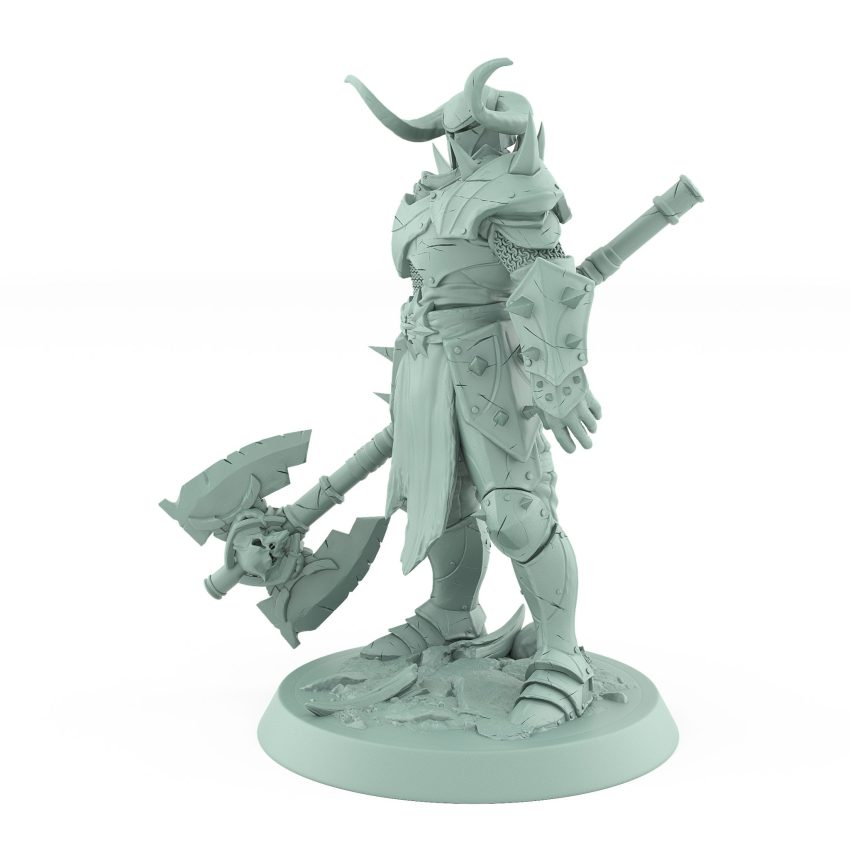 armored fantasy warrior with horned helmet and massive skull axe in raider stance