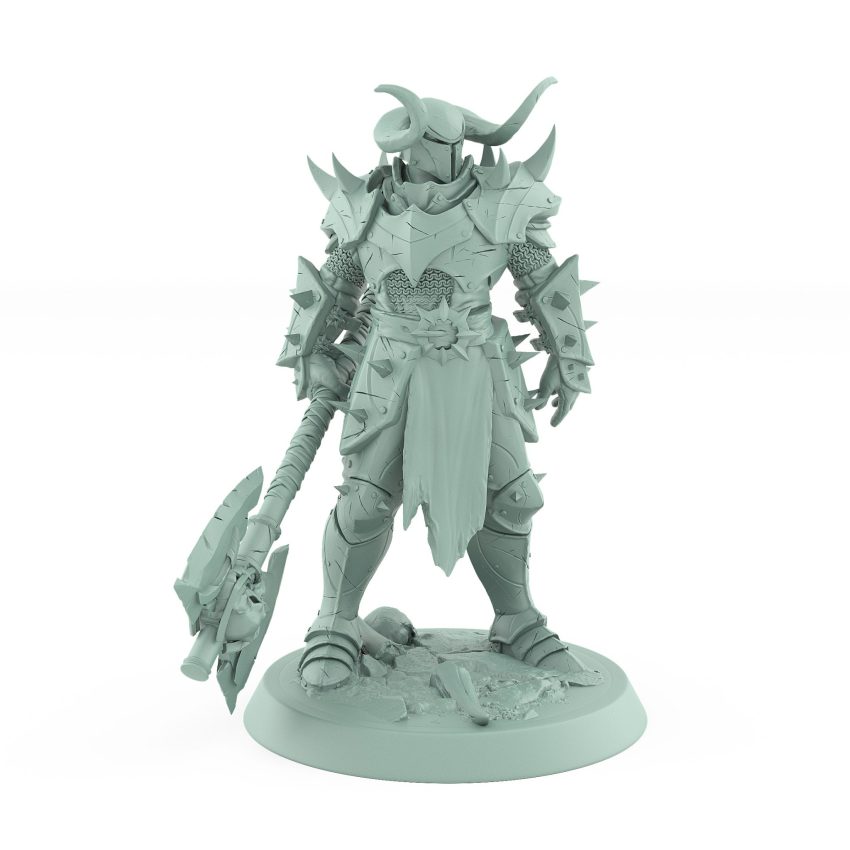 armored fantasy warrior with horned helmet and massive skull axe in raider stance
