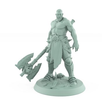 bare chested fantasy ranger miniature with skull axe and fierce battle stance