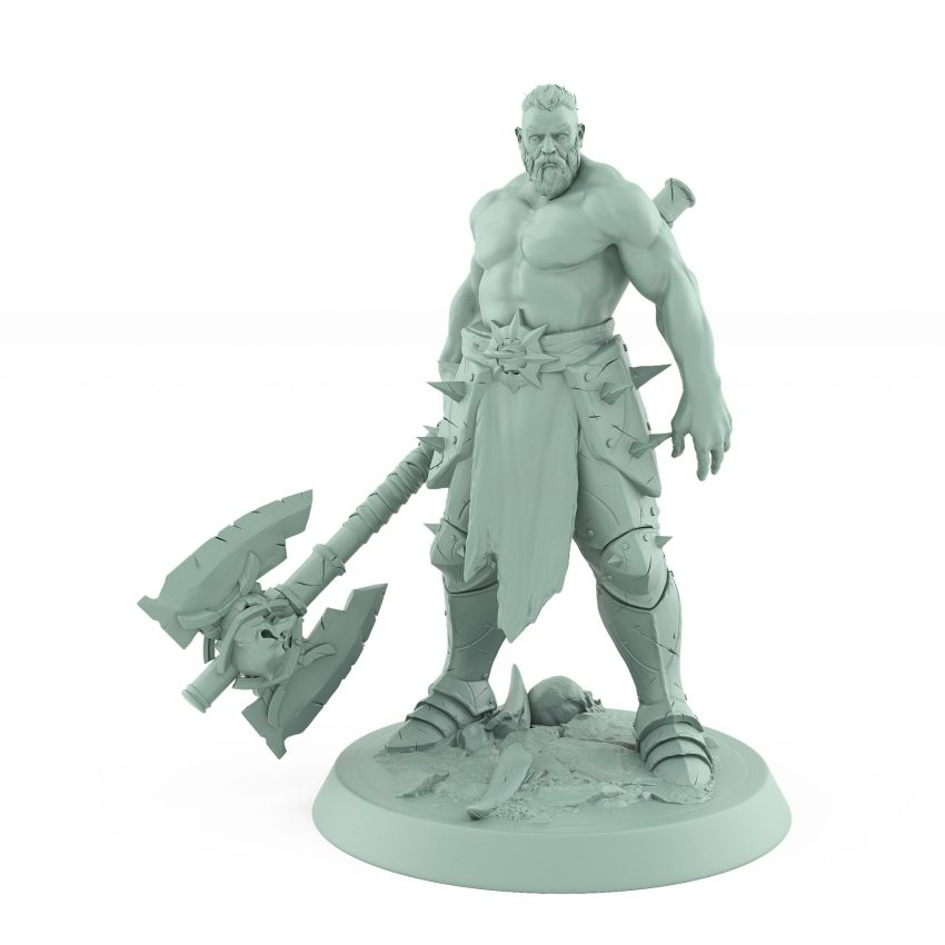 bare chested fantasy ranger miniature with skull axe and fierce battle stance