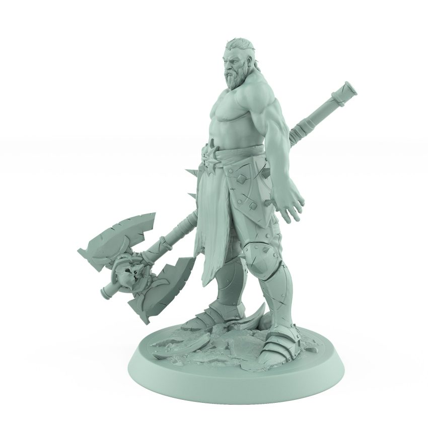 bare chested fantasy ranger miniature with skull axe and fierce battle stance