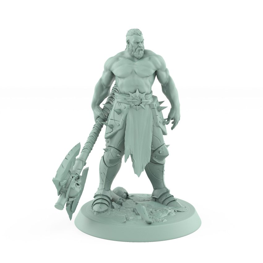 bare chested fantasy ranger miniature with skull axe and fierce battle stance