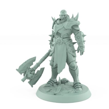 heavy armored warrior miniature with skull axe and spiked plate from the unchained collection