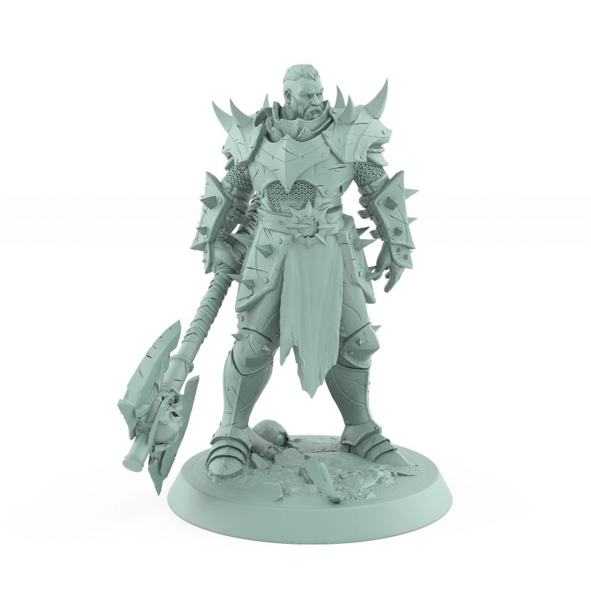 heavy armored warrior miniature with skull axe and spiked plate from the unchained collection