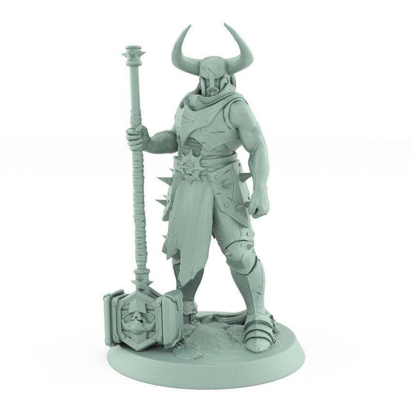 horned chaos warrior miniature with large hammer standing in battle-ready pose from unchained collection