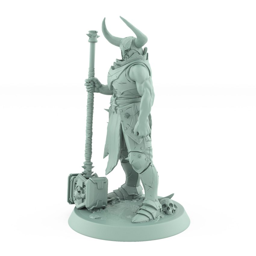 horned chaos warrior miniature with large hammer standing in battle-ready pose from unchained collection