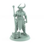 horned chaos warrior miniature with large hammer standing in battle-ready pose from unchained collection
