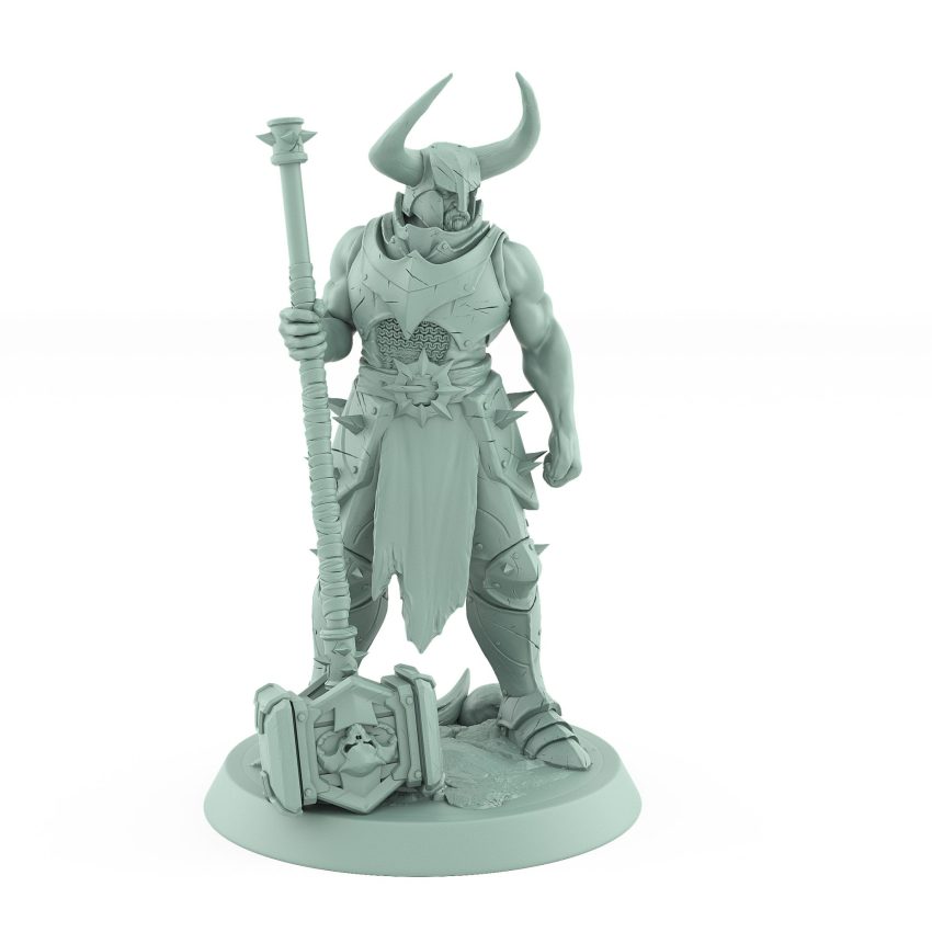 horned chaos warrior miniature with large hammer standing in battle-ready pose from unchained collection