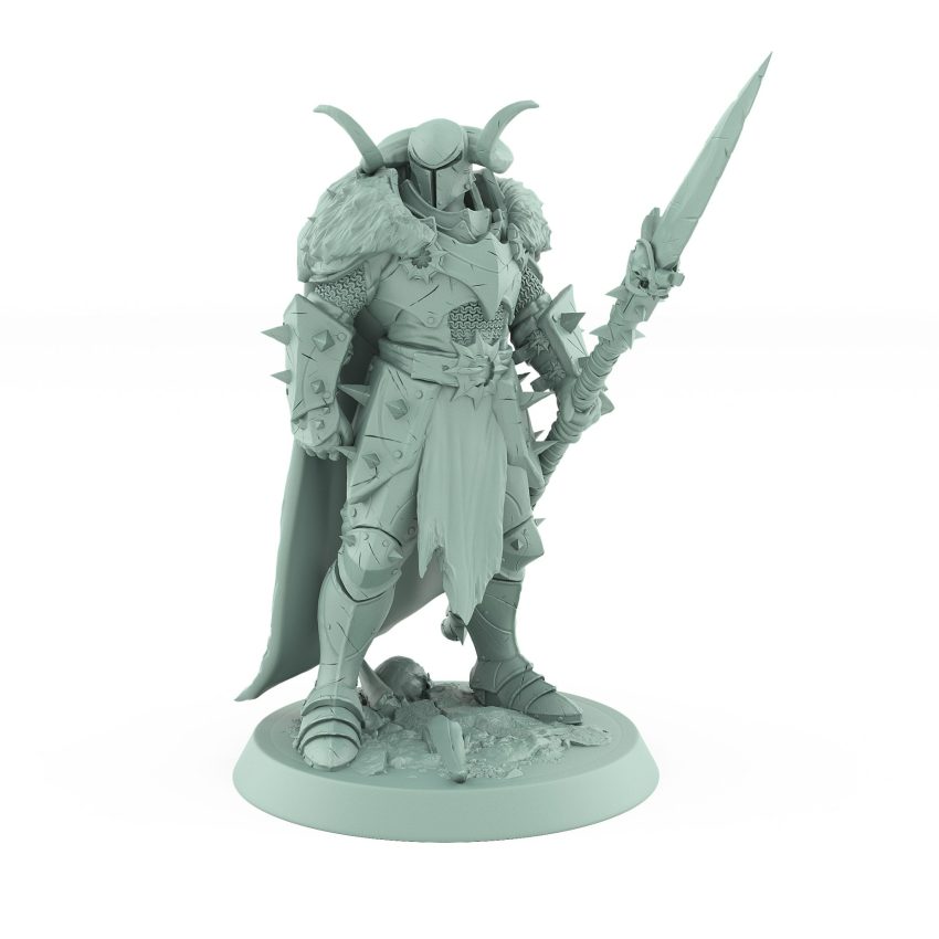 spear-wielding armored raider miniature from unchained collection in fur cloak
