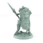 skull-shielded fantasy warrior in defensive stance with spear and cloak