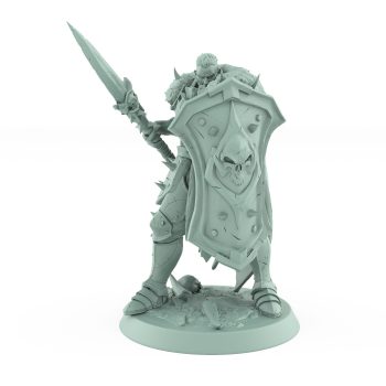 skull-shielded fantasy warrior in defensive stance with spear and cloak
