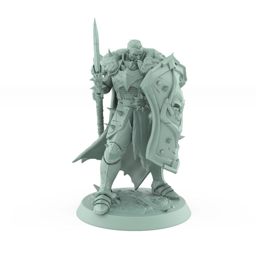 skull-shielded fantasy warrior in defensive stance with spear and cloak