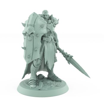 spiked-shield human warrior with spear in defensive stance for fantasy tabletop