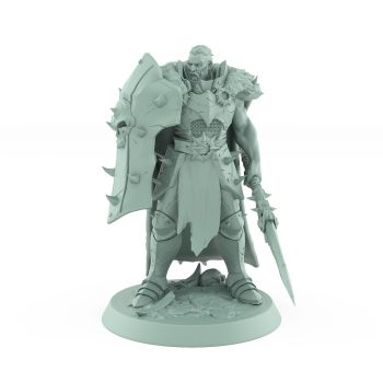 spiked-shield human warrior with spear in defensive stance for fantasy tabletop