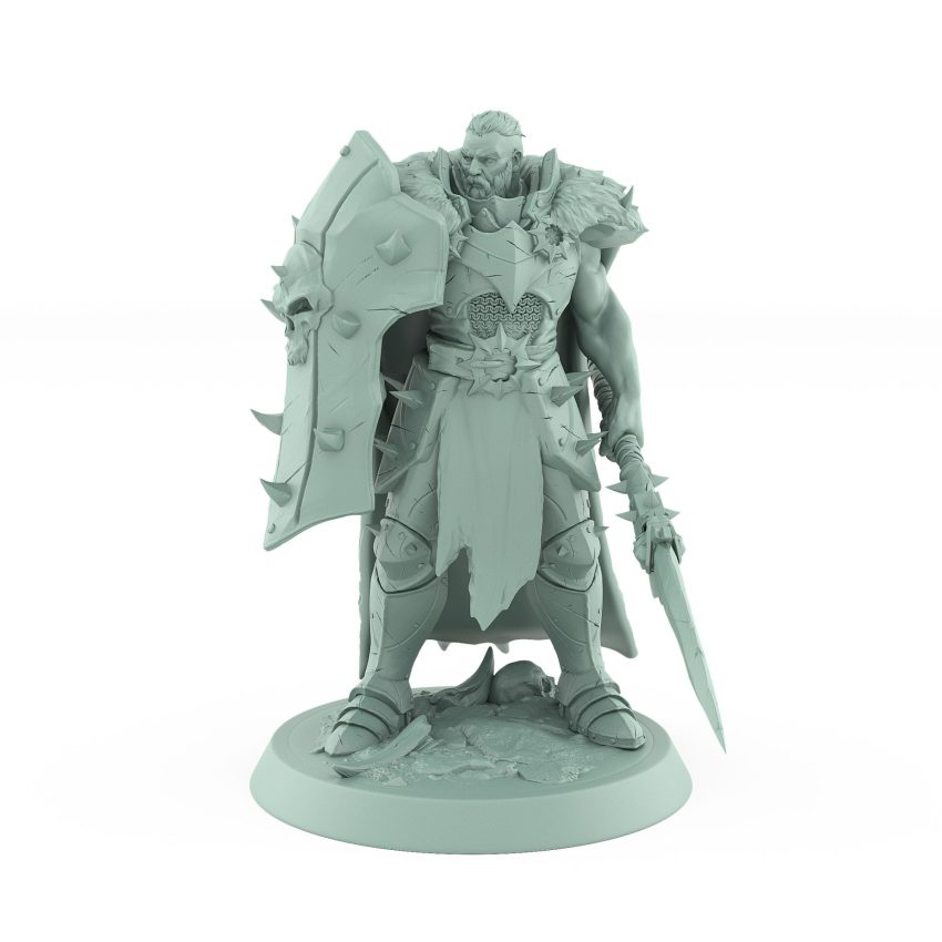 spiked-shield human warrior with spear in defensive stance for fantasy tabletop