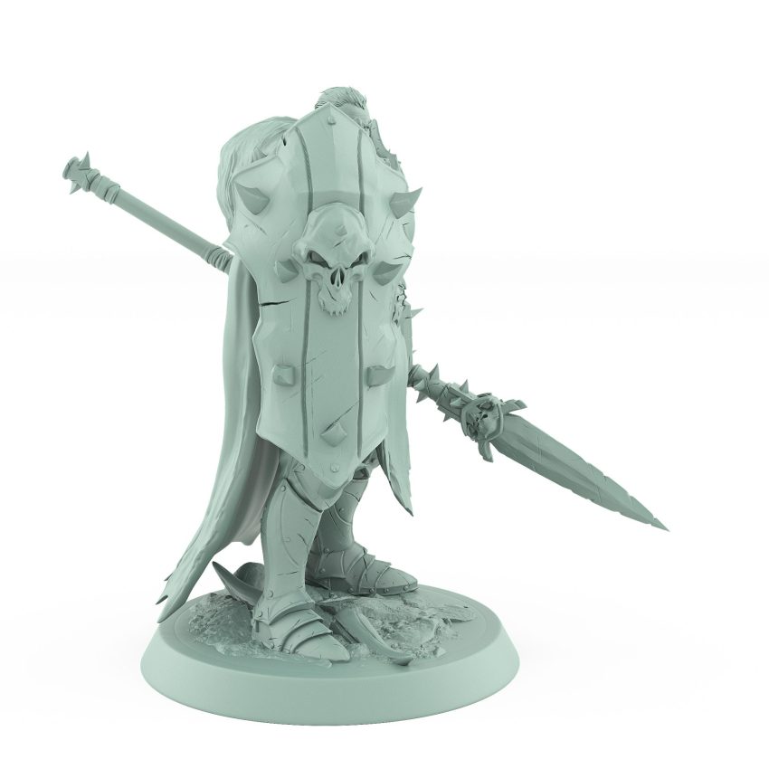 spiked-shield human warrior with spear in defensive stance for fantasy tabletop
