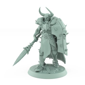 walking human fantasy warrior with shield and spear in battle stance