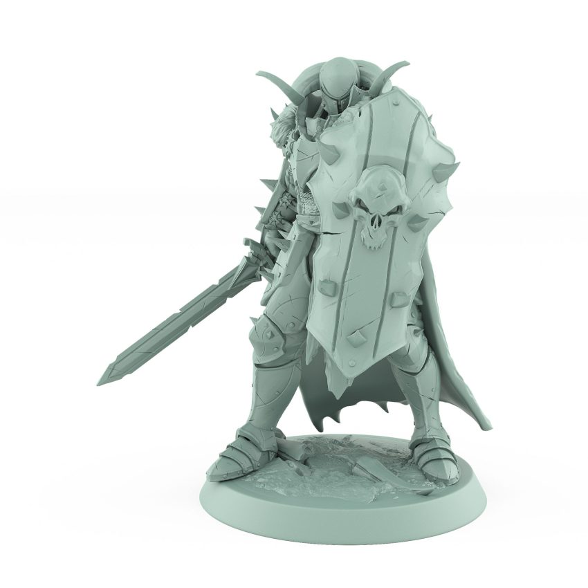 human fantasy warrior bracing behind shield with sword ready